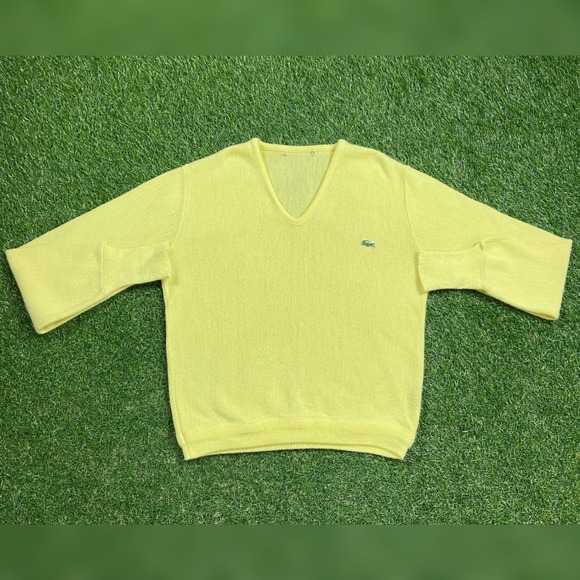 Vintage IZOD Lacoste V Neck Sweater Classic Fit Yellow Cotton Mens Large - Picture 1 of 11